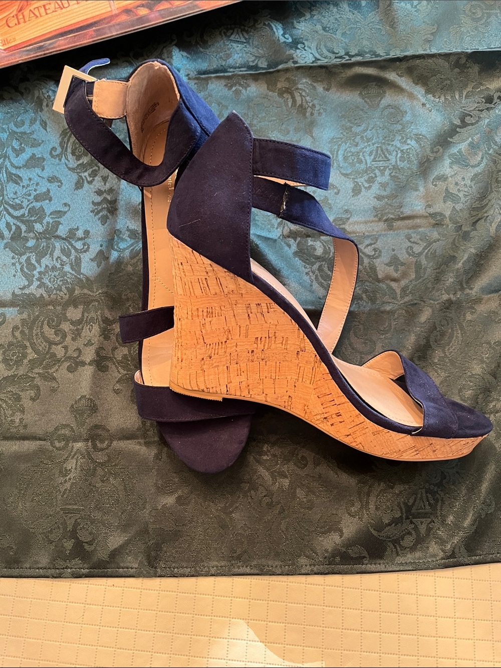 Charles David Navy Suede Cork Wedge Sandals